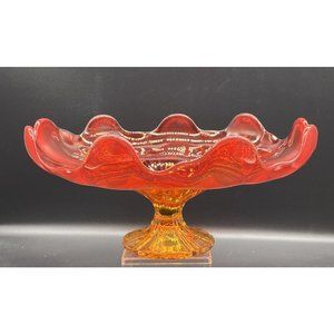 VTG Viking Glass Very Large Amberina Persimmon Orange 9 Petal Compote Swung Dish